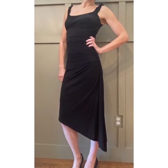 BCBG maxAzria ruched asymmetric hem midi dress black size XS - Picture 3 of 15